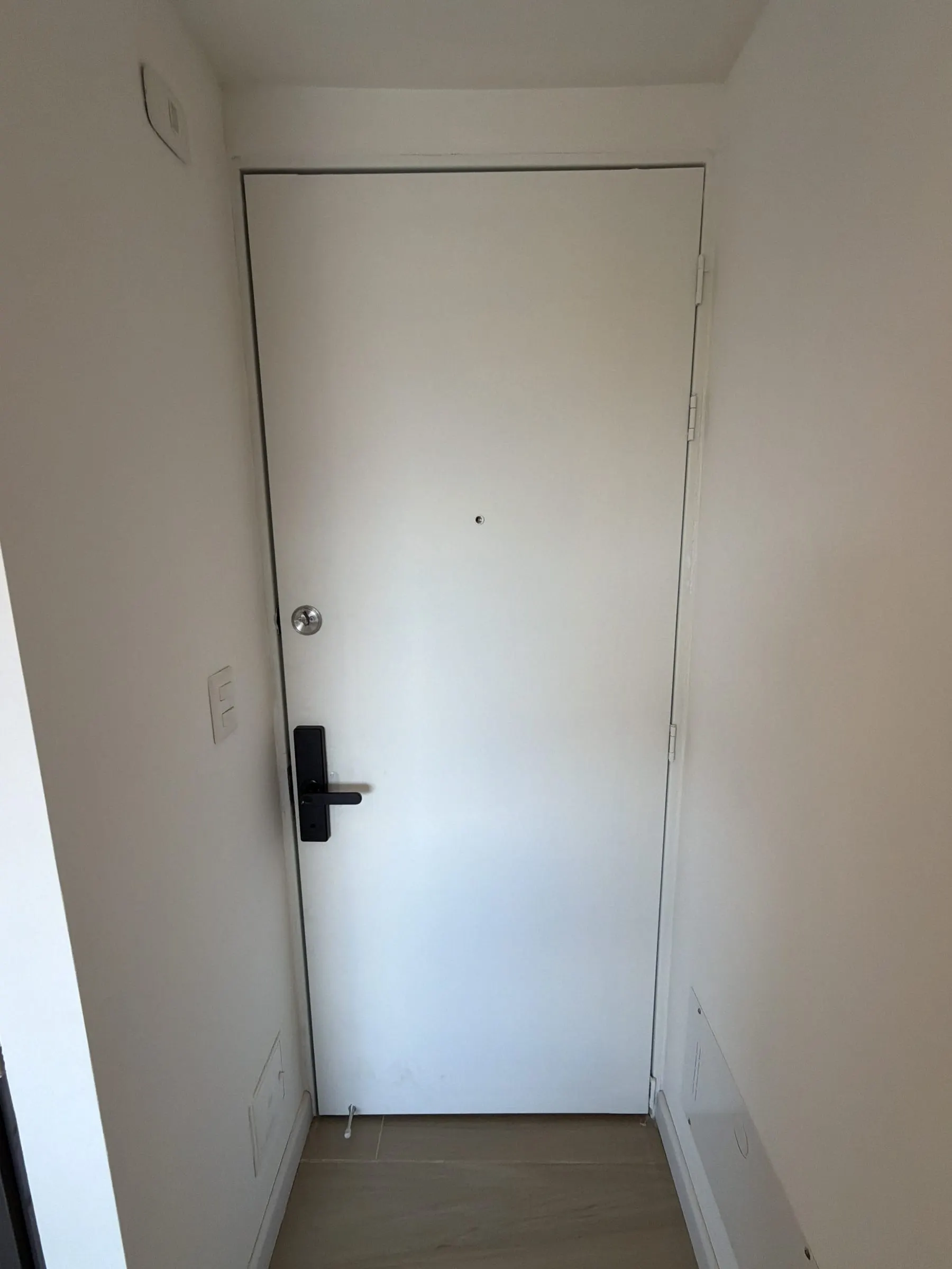 Cara interior de una puerta de acceso blanca, con manija electrónica y pomo.